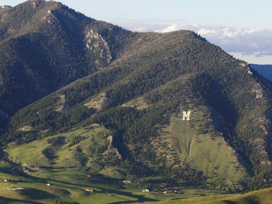 The Bridger Range and Bozeman's iconic M trail overlooking the Gallatin Valley